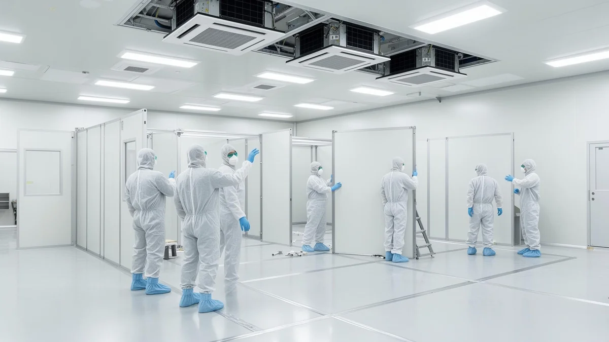 Engineers installing modular walls and ceiling filtration in a bright pharmaceutical cleanroom