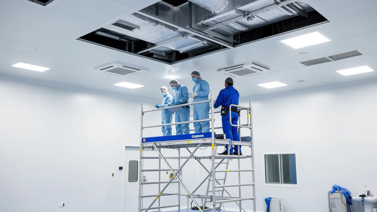 Cleanroom technicians using an access platform to refurbish ceiling panels and ventilation systems