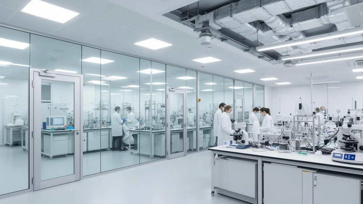Modern biotechnology laboratory with glass partitions, specialist benches and ceiling ventilation